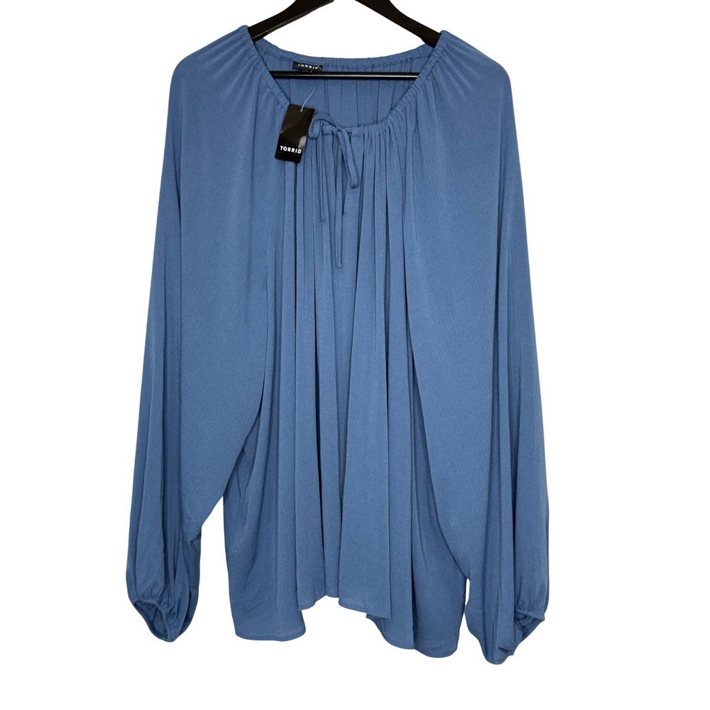 Torrid Popover Blouse 4X Blue Horizon Crinkle Gauze Keyhole Tie Boho Peasant Top